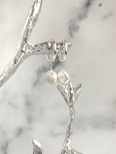 Coin Pearl Huggie Hoop Earrings