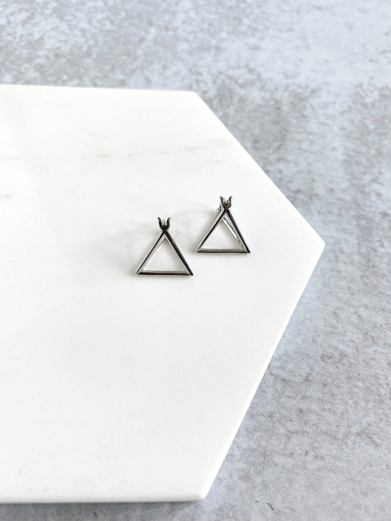 Silver 3D Yeah Triangle Huggie Earrings