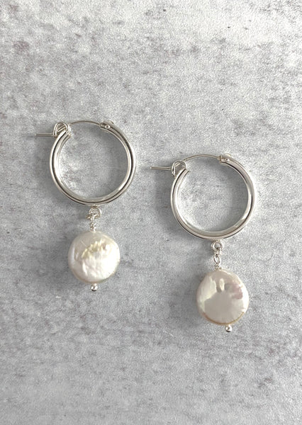 Coin Pearl Huggie Hoop Earrings