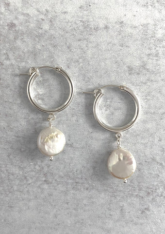 Coin Pearl Huggie Hoop Earrings